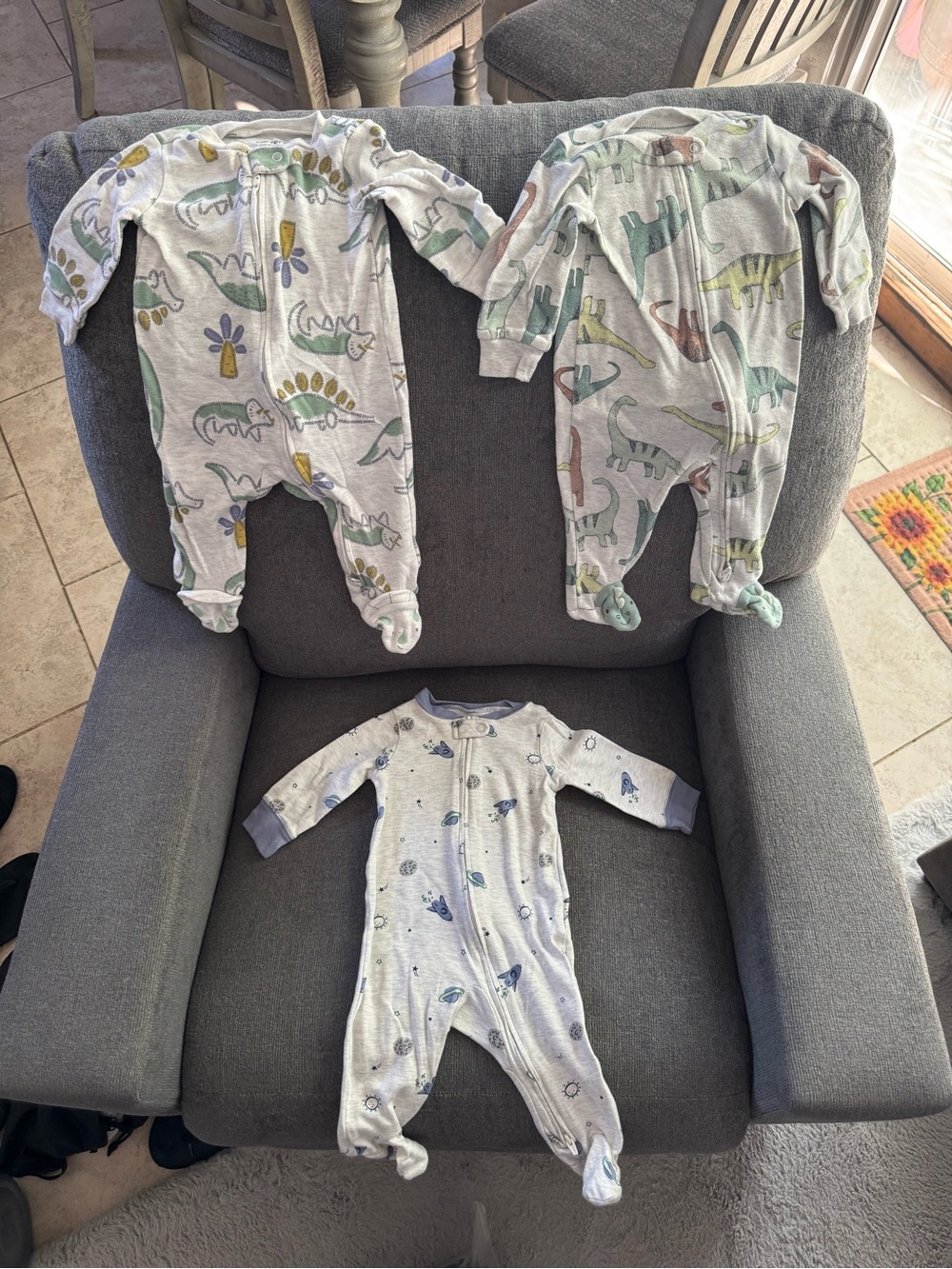 Carter's Gray Dinosaur/Sapce Print Footed One-Pieces - Set of 3